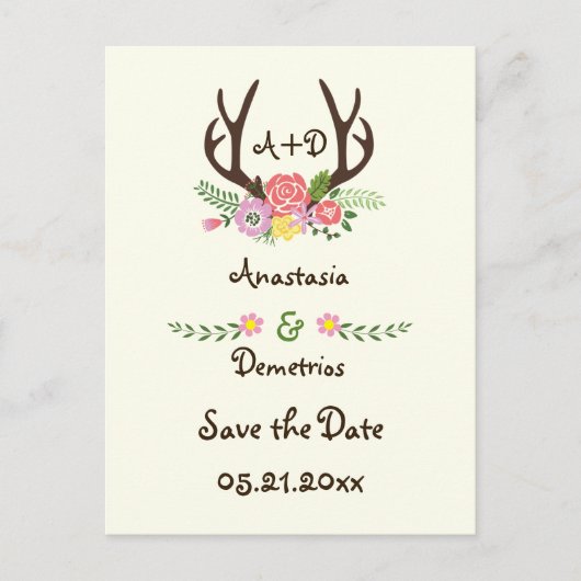 Antlers & bloemen monogram bruiloft Save the Date Aankondigingskaart (Voorkant)