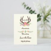 Antlers & bloemen monogram bruiloft Save the Date Aankondigingskaart (Staand voorkant)