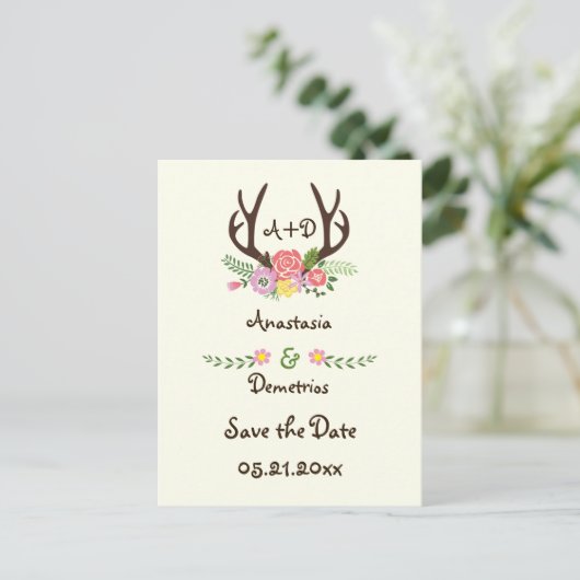 Antlers & bloemen monogram bruiloft Save the Date Aankondigingskaart (Staand voorkant)