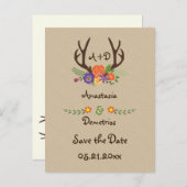 Antlers & bloemen monogram bruiloft Save the Date Aankondigingskaart (Voorkant / Achterkant)