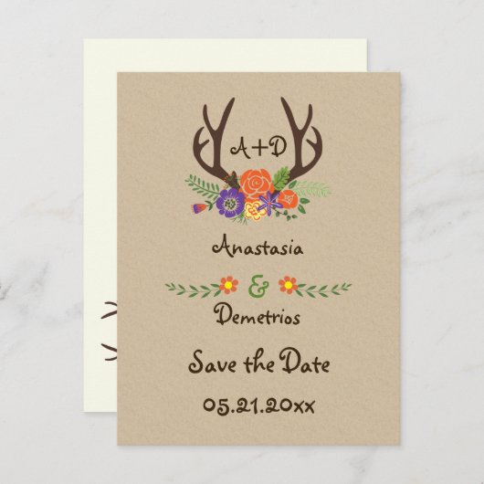 Antlers & bloemen monogram bruiloft Save the Date Aankondigingskaart (Voorkant / Achterkant)