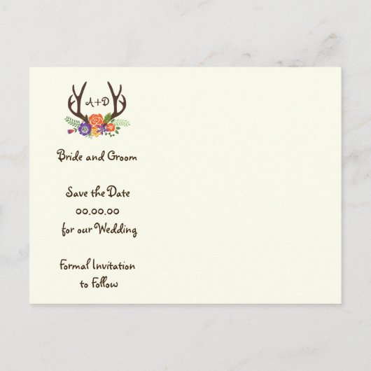 Antlers & bloemen monogram bruiloft Save the Date Aankondigingskaart (Achterkant)