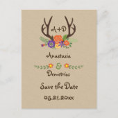 Antlers & bloemen monogram bruiloft Save the Date Aankondigingskaart (Voorkant)