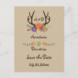 Antlers & bloemen monogram bruiloft Save the Date Aankondigingskaart