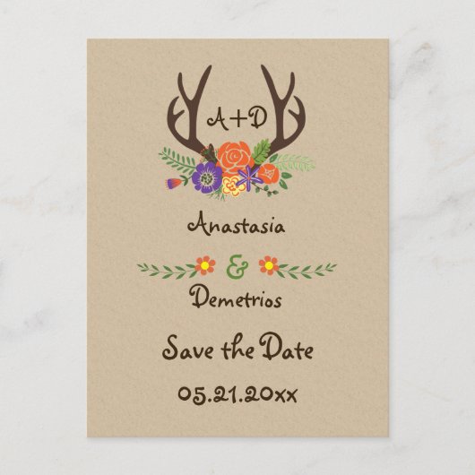 Antlers & bloemen monogram bruiloft Save the Date Aankondigingskaart (Voorkant)