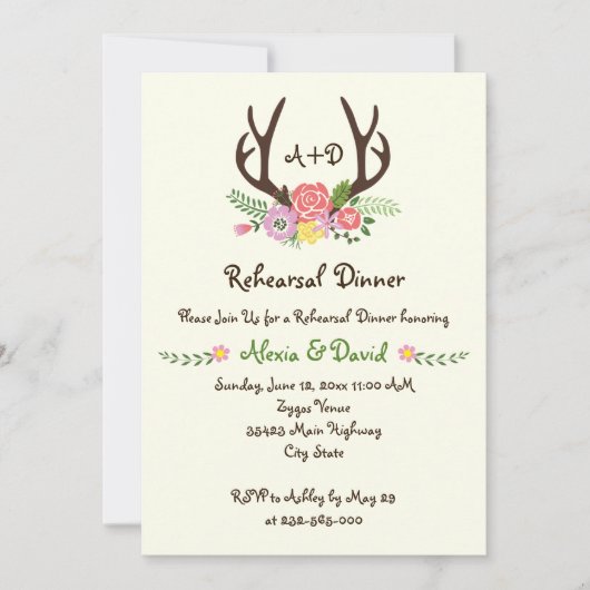 Antlers bloemenmonogram bruiloft repetitie diner kaart (Voorkant)