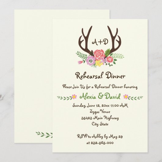 Antlers bloemenmonogram bruiloft repetitie diner kaart (Voorkant / Achterkant)