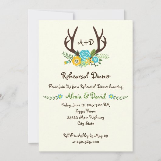 Antlers bloemenmonogram bruiloft repetitie diner kaart (Voorkant)