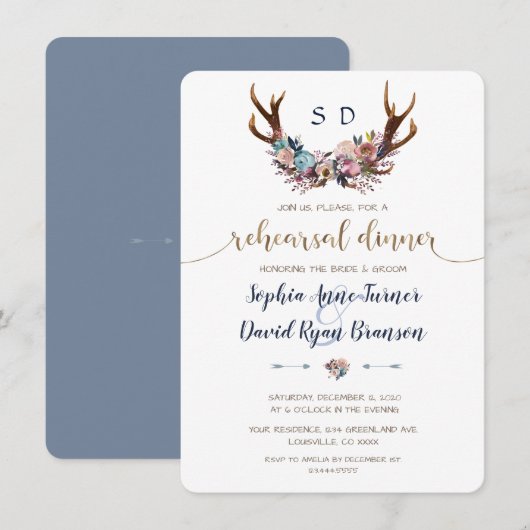 Antlers Dusty Blue Blush Floral Rehearsal Dinner Kaart (Voorkant / Achterkant)