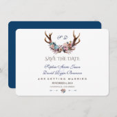 Antlers Dusty Blue Pink Floral Save the Date (Voorkant / Achterkant)