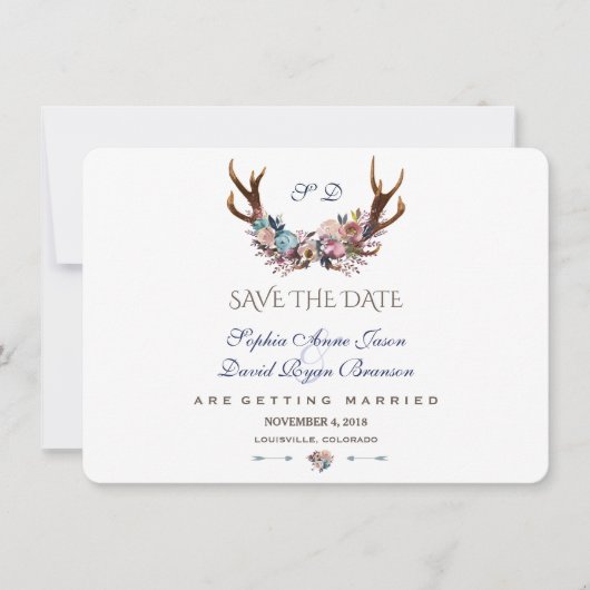 Antlers Dusty Blue Pink Floral Save the Date (Voorkant)