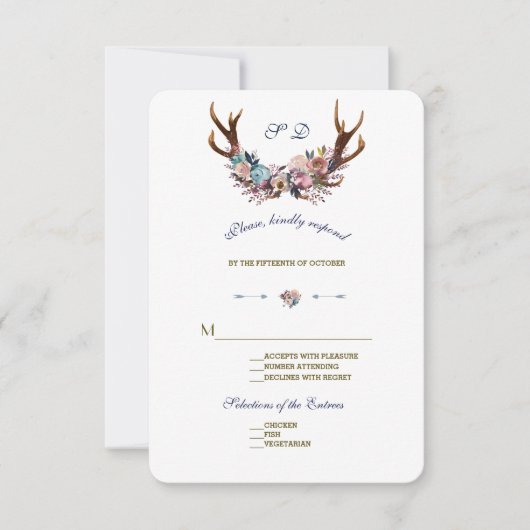 Antlers Dusty Blue Pink Floral | Weddenschap RSVP (Voorkant)
