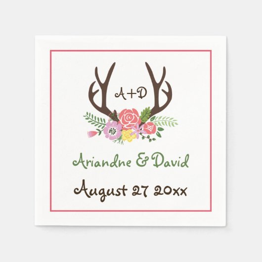 Antlers en bloemen bos monogram bruiloft servet (Voorkant)