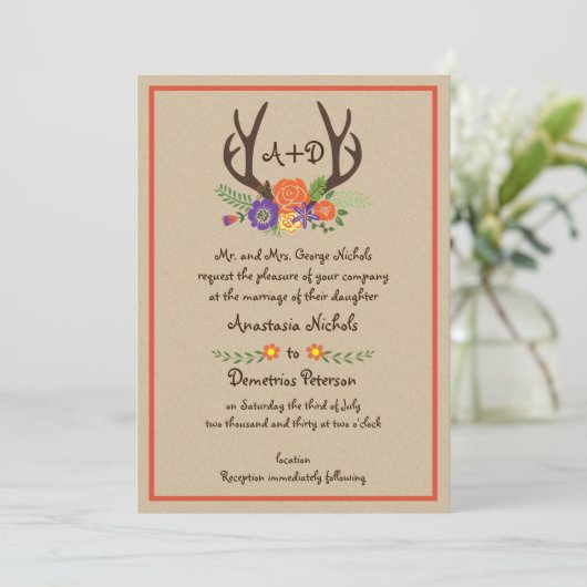 Antlers en bloemen monogram kraft papier bruiloft kaart (Staand voorkant)