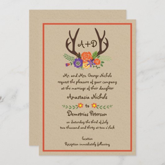 Antlers en bloemen monogram kraft papier bruiloft kaart (Voorkant / Achterkant)