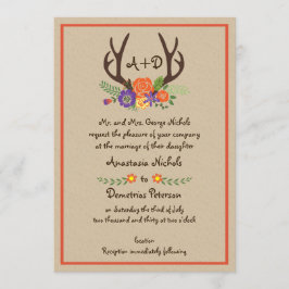 Antlers en bloemen monogram kraft papier bruiloft kaart