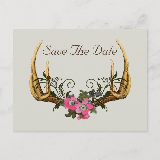 Antlers en Roze Rozen Bewaar de Datum Briefkaart (Voorkant)