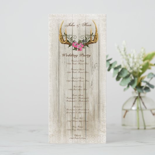 Antlers en Rozen Roze Bruiloft Programma Programmakaart (Staand voorkant)