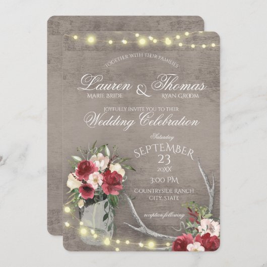 Antlers en String Lights Rustic Burgundy Floral I Kaart (Voorkant / Achterkant)