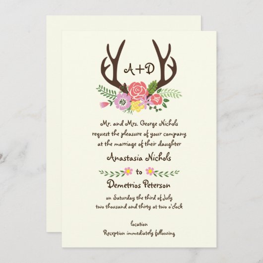 Antlers en wilde bloemen monogram woodlandbruiloft kaart (Voorkant / Achterkant)