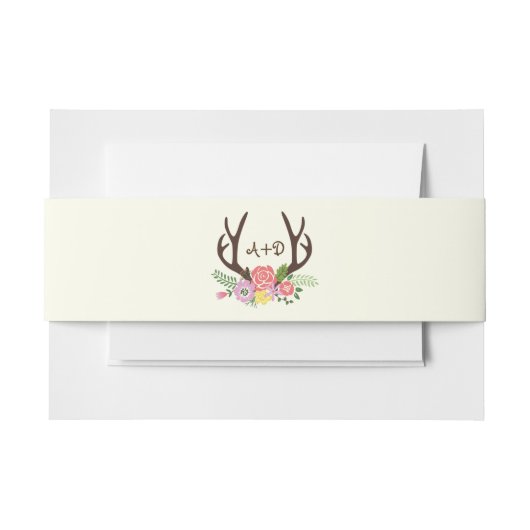 Antlers en wilde bloemen monogram woodlandbruiloft uitnodigingen wikkel (Voorkant Voorbeeld)