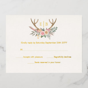 Antlers Floral Stag Pink Flowers RSVP Real Gold Folie Uitnodiging Briefkaart