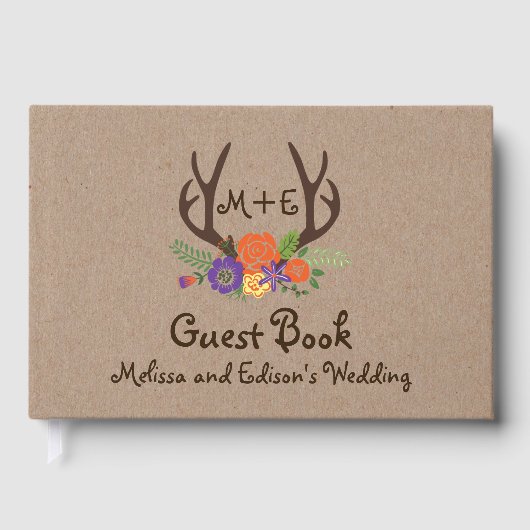 Antlers flormonogram boho bruiloft gastboek gastenboek (Voorkant)