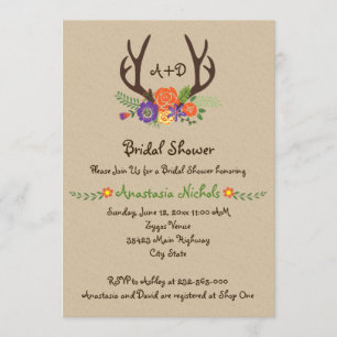 Antlers & Flowers monogram bruiloft vrijgezellenfe Kaart