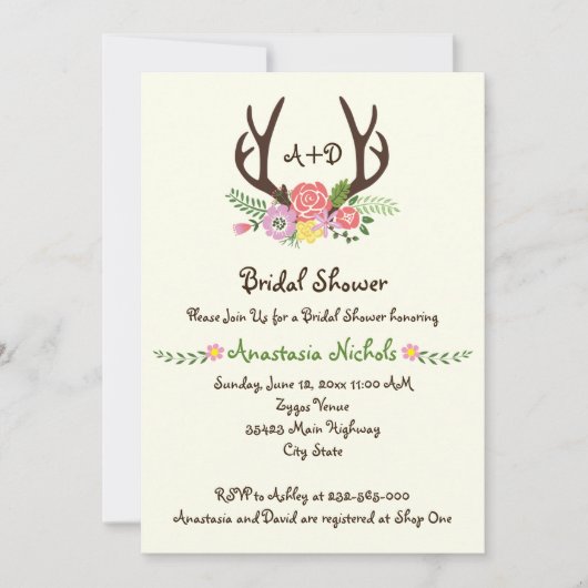 Antlers & Flowers monogram bruiloft vrijgezellenfe Kaart (Voorkant)
