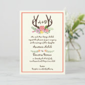 Antlers & koraal bloemen monogram bos bruiloft kaart (Staand voorkant)