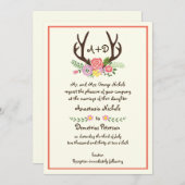 Antlers & koraal bloemen monogram bos bruiloft kaart (Voorkant / Achterkant)
