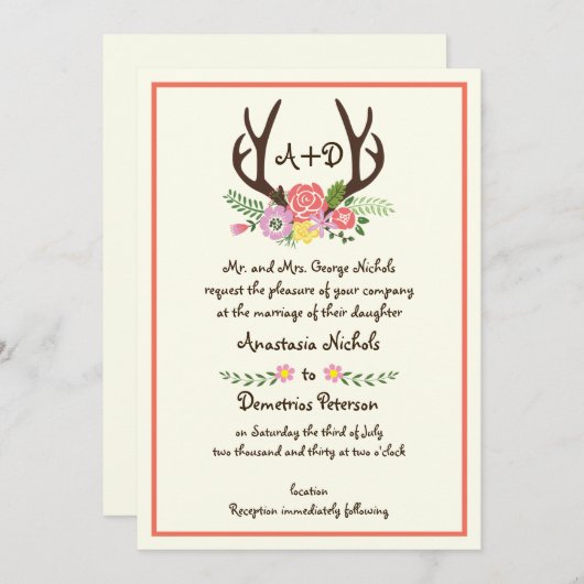 Antlers & koraal bloemen monogram bos bruiloft kaart (Voorkant / Achterkant)
