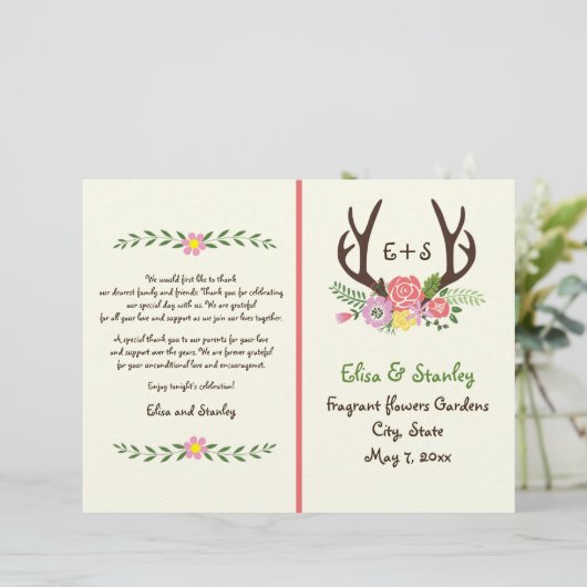 Antlers & koraal bloemen monogram bruiloft program (Staand voorkant)