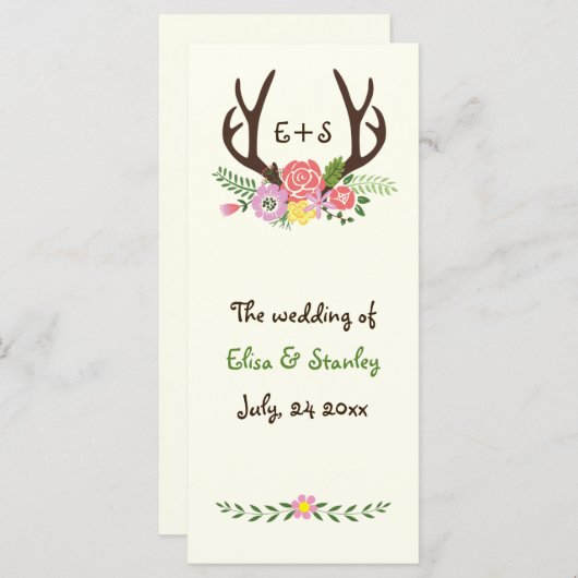 Antlers & koraal, roze bloemen bruiloft programma programmakaart (Voorkant / Achterkant)