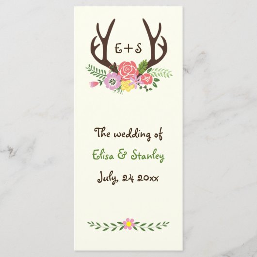 Antlers & koraal, roze bloemen bruiloft programma programmakaart (Voorkant)