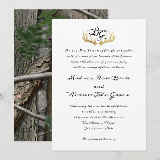 Antlers Monogram en Woodland Trees Wedding Kaart (Voorkant / Achterkant)
