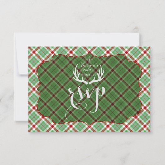 Antlers Rood Groen Geruit Huwelijk RSVP Kaartje (Voorkant)