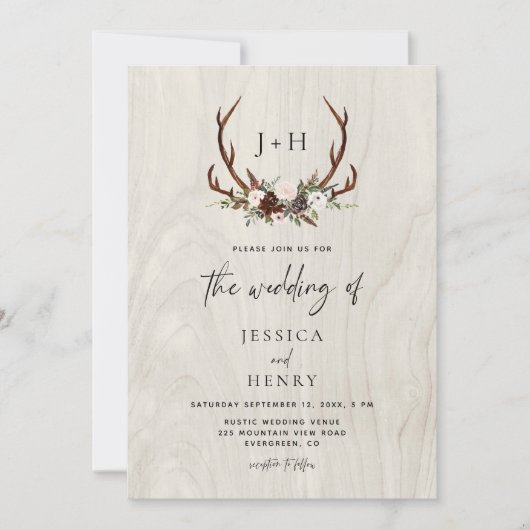 Antlers Rustic Wood Boho Wedding Kaart (Voorkant)