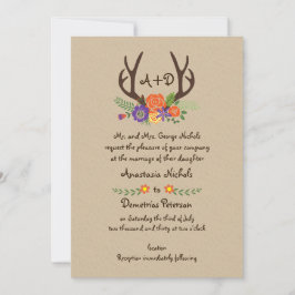 Antlers & sinaasappel bloemen monogram bos bruilof kaart