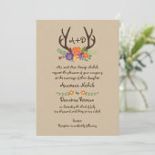 Antlers & sinaasappel bloemen monogram bos bruilof kaart (Staand voorkant)