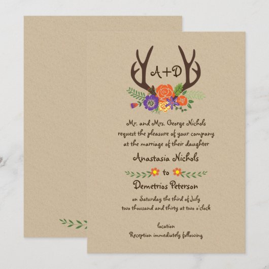 Antlers & sinaasappel bloemen monogram bos bruilof kaart (Voorkant / Achterkant)