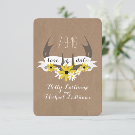 Antlers + Wildblokkarton Geïnspireerde bewaardatum Save The Date (Staand voorkant)