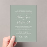 Antonia Sage Green Elegante bruiloft Acryl Uitnodigingen<br><div class="desc">Elegante huwelijksuitnodigingen met een eenvoudig ontwerp met script- en serif-lettertypen.</div>