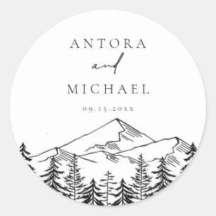 ANTORA Black & White Mountains Weddennames Ronde Sticker