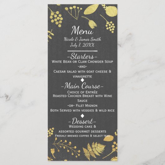 Antracietgrijs & gouden bloemenmenu voor de bruilo menu (Voorkant)