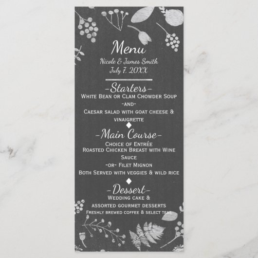 Antracietgrijs & Zilveren Bloemen Bruiloftsmenu Ka Menu (Voorkant)