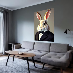 Antropomorf konijn in zwart pak   AI Art. Poster