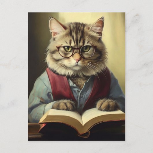 Antropomorfe kat die een boek leest briefkaart (Voorkant)