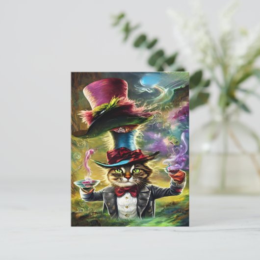 antropomorfe kat Mad Hatter Fantasy Fairytale Briefkaart (Staand voorkant)