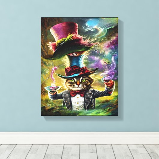 antropomorfe kat Mad Hatter Fantasy Fairytale Canvas Afdruk (Insitu (Houten vloer))